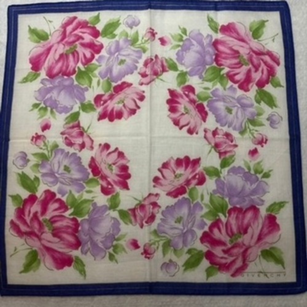 Vtg GIVENCHY Scarf Handkerchief Floral Print Cotton White Pink Blue 14"